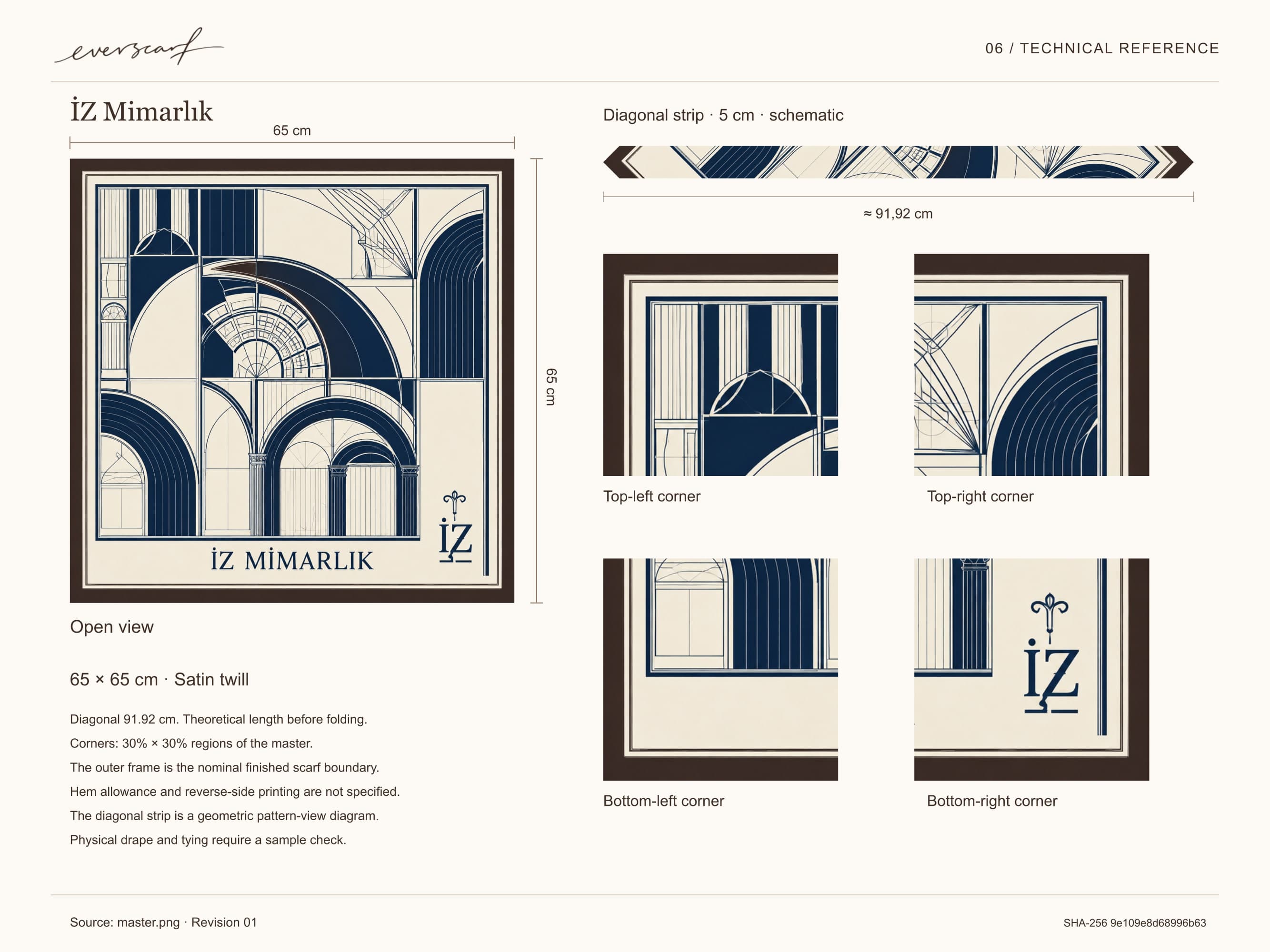 İZ Mimarlık scarf technical reference sheet: 65 × 65 cm open view, corners and bias strip